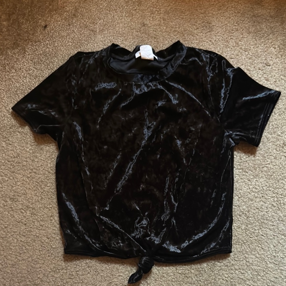 Black Tie Front Short Sleeve T-Shirt with Crew Neck